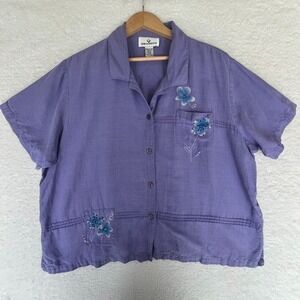 Silk Linen Embroidered Floral Blouse Womens 2X Purple Cottagecore Button Front